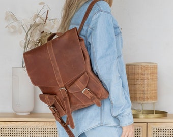 Leather laptop rucksack for women, Customized backpack, Leather travel backpack, Everyday backpack, City backpack, Monogrammed backpack