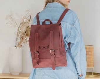 Engraved leather backpack, Leather work backpack women, Monogrammed backpack women, Office backpack, Customized laptop backpack