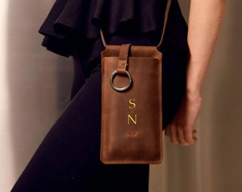 Leather phone pouch, Personalized phone bag, Leather crossbody phone bag, Custom leather phone bag, Leather phone purse, Leather phone bag