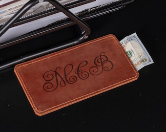 Monogrammed leather money sleeve, Leather cash envelope, Minimalist cash envelopes, Personalized money holder, Leather cash sleeve