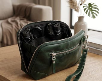 Personalized Leather Cable Case, Leather Charger Organizer, Travel Cable Case, Zipper Cable Pouch, Leather Tech Accessories Pouch, Cord Bag