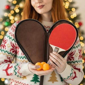 May include: A red ping pong paddle with a white handle is held in a brown case. Three orange ping pong balls are held in the other hand. The person is wearing a white sweater with a Christmas pattern.