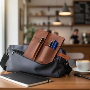 May include: A grey fabric messenger bag with a brown leather pen organizer case tucked into the front zipper compartment. The leather case holds three pens. A black spiral-bound notebook lies on the table in front of the bag, next to a white coffee cup.