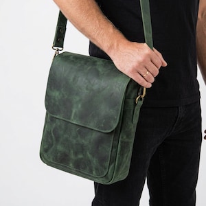 Mens leather satchel bag handmade, small shoulder bag men engraved leather iPad messenger bag, custom genuine leather work bag durable stylish everyday accessory