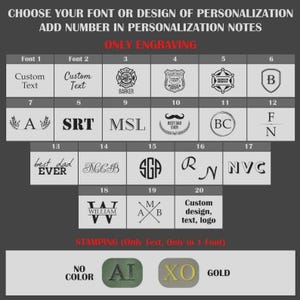 May include: Image showcasing personalization options for engraving and stamping. Includes various fonts, symbols, and design elements, such as a badge, initials, and the words "Best Dad Ever." Also shows color options for stamping.
