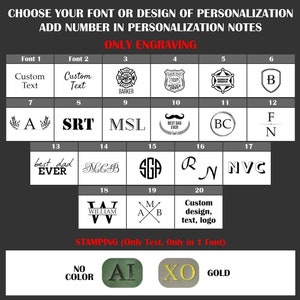May include: A grid chart displaying twenty numbered engraving options for personalization, including various fonts, monograms, and symbols like a fire department badge, police shield, and sheriff star. Below, a section shows stamping options.
