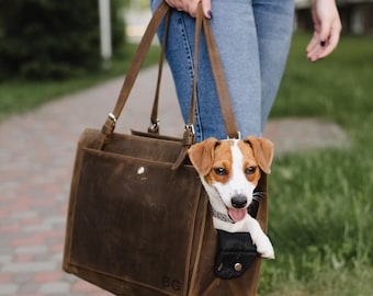 Leather dog carrier bag, Personalized dog carrier with name, Dog carrier monogrammed, Puppy carrier tote bag, Pet carrier tote