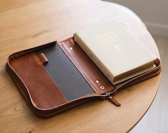 Personalized Leather Bible Case with Handle, Zippered Bible Cover, Custom Engraved Bible Bag, Christian Gift, Faith Gift for Women Men
