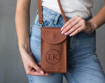 Leather crossbody phone bag, Personalized phone pouch, Phone shoulder bag, Leather phone purse handmade, Crossbody iphone purse, Small bag
