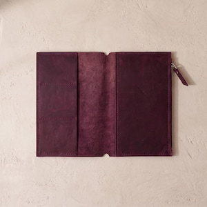 Puede incluir: Una cartera de cuero color púrpura intenso con diseño de tres pliegues, que incluye tres ranuras para tarjetas en el panel izquierdo y un compartimento con cremallera en el derecho. La cartera presenta costuras visibles en los bordes y un tirador a juego.