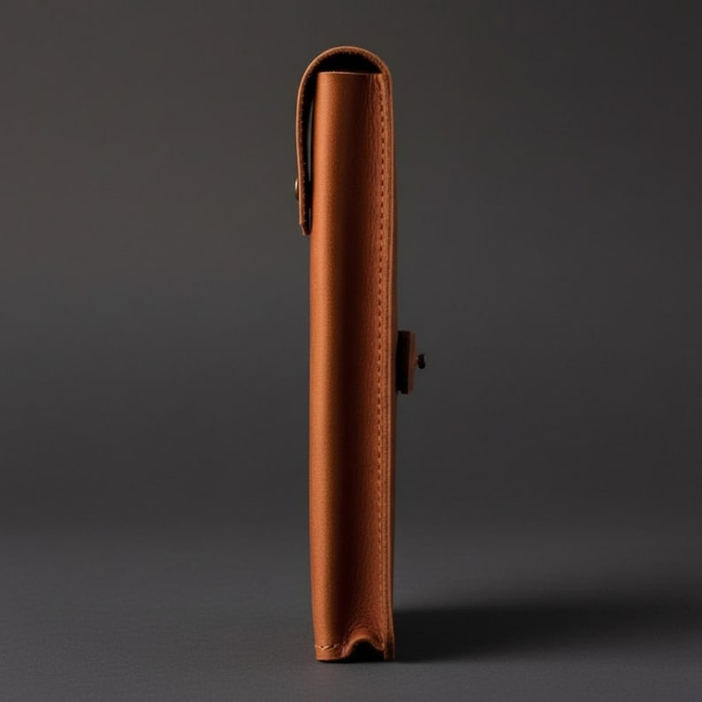 May include: A tan leather sleeve case shown from a side profile view. The case features a fold-over flap with a small metal stud closure and visible stitching along the edges, providing a slim and structured storage solution for flat items.