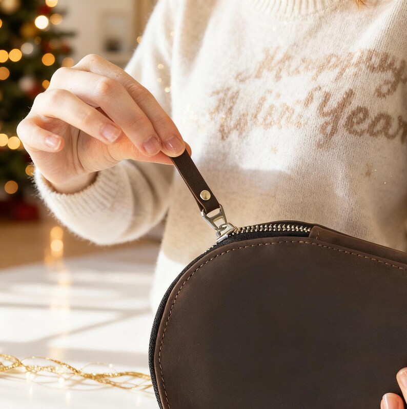 May include: A brown leather oval-shaped bag with a silver zipper and a small leather pull tab. The bag is being held by a person wearing a cream-colored sweater. The background includes a Christmas tree.