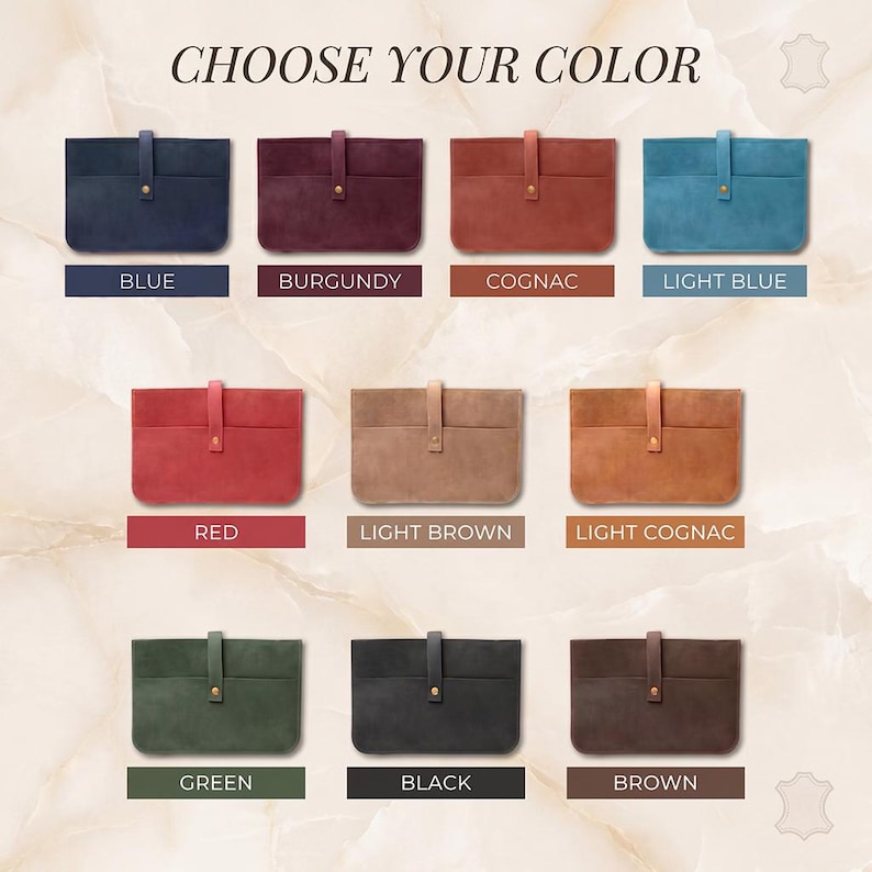 May include: A collection of eleven rectangular pouches arranged in three rows, each featuring a vertical strap with a gold-tone metal snap closure. The pouches are displayed in blue, burgundy, cognac, light blue, red, light brown, light cognac, green, black, and brown colors. The text CHOOSE YOUR COLOR is centered at the top.