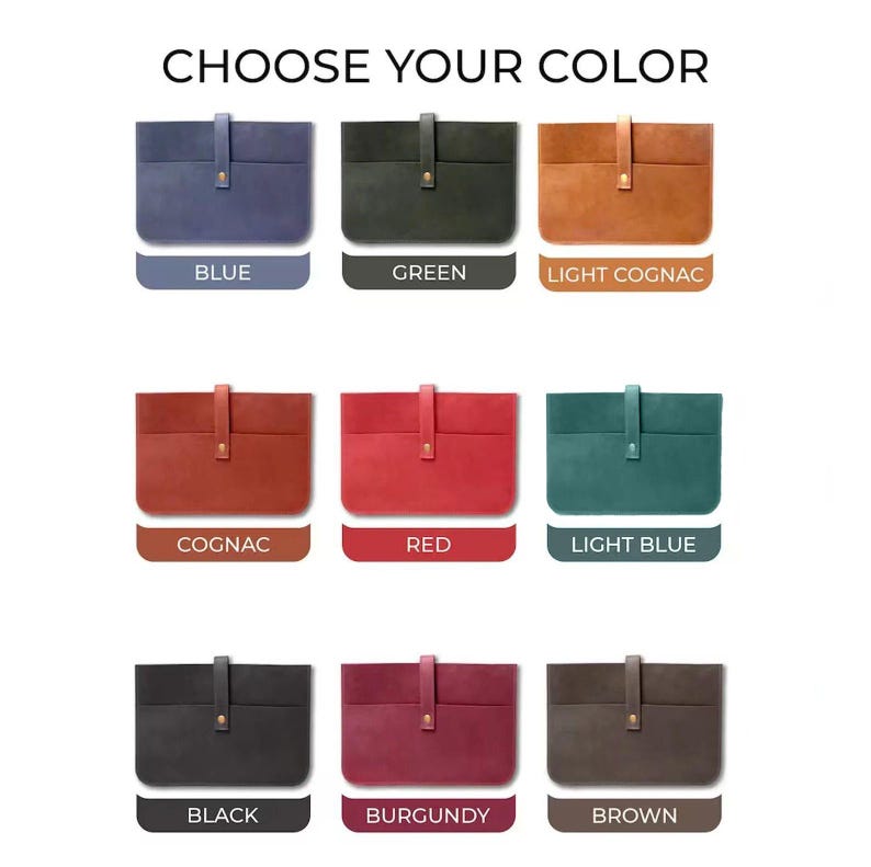 May include: Image showing nine different colored laptop sleeves. The colors include blue, green, light cognac, cognac, red, light blue, black, burgundy, and brown. Each sleeve has a flap closure with a button.