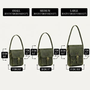 May include: Three olive green leather shoulder bags in small, medium, and large sizes. The small bag measures 8.6 x 6.6 x 2.7 inches, the medium 11 x 8.2 x 2.7 inches, and the large 13.7 x 10.6 x 2.7 inches. Each bag features a flap with a buckle.