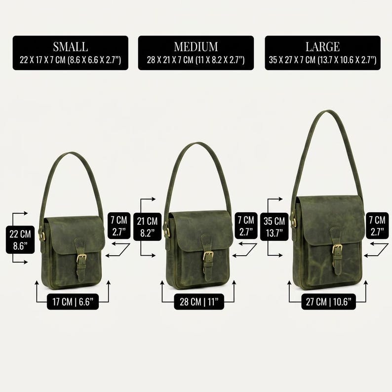May include: Three olive green leather shoulder bags in small, medium, and large sizes. The small bag measures 8.6 x 6.6 x 2.7 inches, the medium 11 x 8.2 x 2.7 inches, and the large 13.7 x 10.6 x 2.7 inches. Each bag features a flap with a buckle.