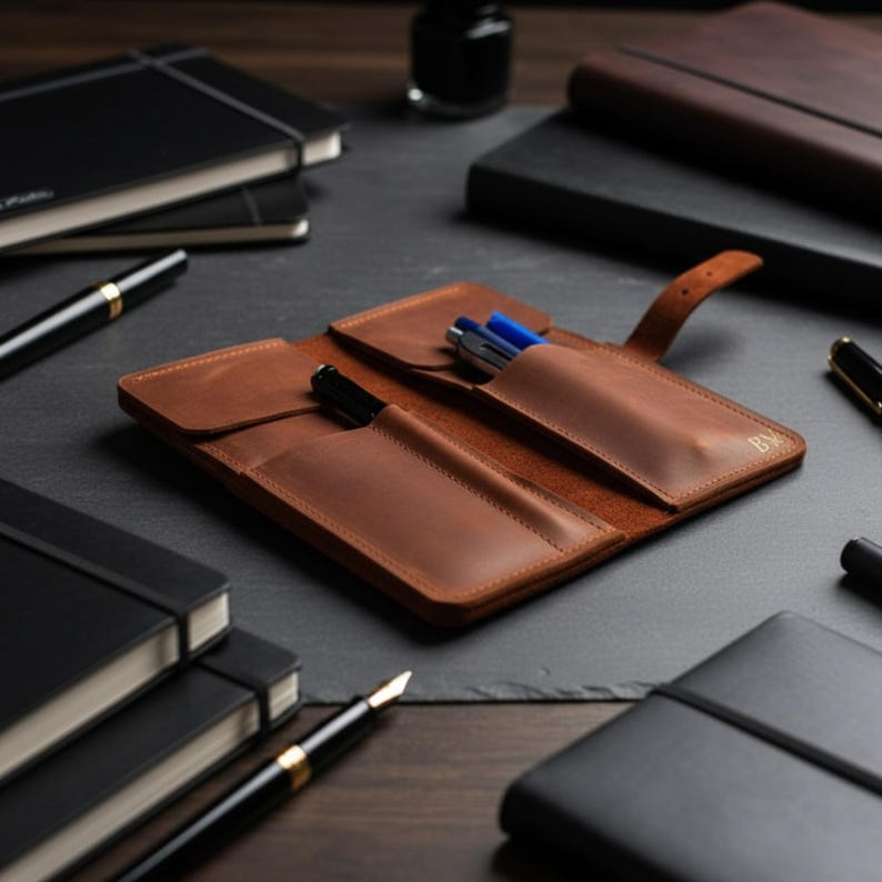 May include: A tan leather pen case with a fold-over flap and a strap closure. The case features two interior pockets holding three pens, with the initials BV embossed in the bottom right corner. The case is surrounded by black notebooks and pens.