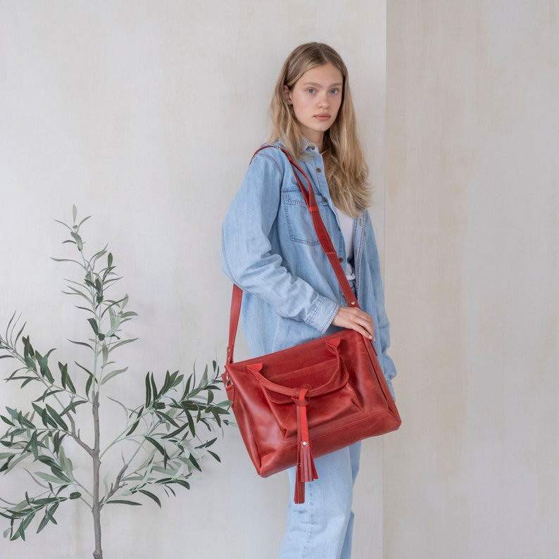 Leather tote with trolley sleeve,Leather trolley bag,Custom leather tote handmade,Leather travel tote,Womens travel bag,Travel laptop bag image 8