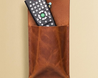 Leather remote control wall holder, Wall mount remote holder, Genuine leather remote holder, Leather wall pocket, Wall pocket organizer
