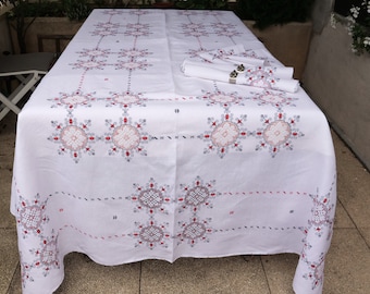 Mantel grande francés vintage de lino con 4 servilletas