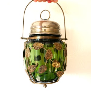 Vintage Green Glass Biscuit Jar: Gold-Plated Leaves, Made in Japan