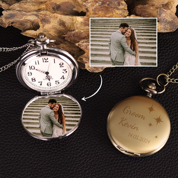 Montre de poche personnalisée avec photo - Montre de poche personnalisée, montre photo à mémoire de forme, cadeaux de mariage, souvenir de mariage, cadeaux pour couple