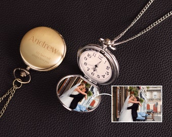 Gegraveerd zakhorloge met foto - gepersonaliseerd zakhorloge, geheugenfotohorloge, huwelijksgeschenken, huwelijksaandenken, bruiloftszakhorloge