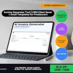 May include: A tablet displaying an invoice template, with the text "AI Invoice Generator." The image also includes the text "Invoice Generator Tool + Email Templates for Freelancers." Additional features include unlimited clients, logo upload, and global tax.