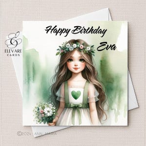 Jeune fille vêtue de vert, coeur irlandais. Carte | Poster personnalisé, fille, petite-fille, soeur 6 x 6 20 x 20 cm, finition de qualité supérieure 420 g/m²