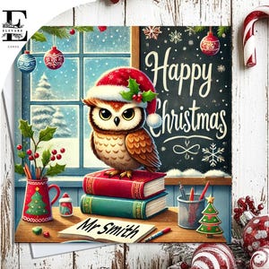 Buon Natale Insegnante Card, Insegnante Gufo. Asilo nido, Infant Junior, Senior. Scegli di personalizzare, biglietto anteriore e interno 6x6 8x8,6 5x5 RISPARMIA in blocco