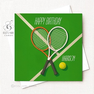 Tennis, raquettes et balles, Sports d'anniversaire | Personnalisez lui, son père, son fils, son petit-fils. Carte partenaire pour la fête des pères. Carré de haute qualité