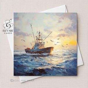 Pescador en el mar - Tarjeta o póster de cumpleaños - Día del Padre. Hijo, nieto - Tarjeta cuadrada brillante de lujo, personalizada