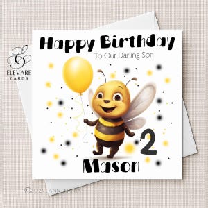 Carte d'anniversaire de dessin animé bourdon pour chambre d'enfant. Personnalisé, bébé, tout-petit, enfants. Elle lui. Fille, fils, petite-fille. Carte carrée luxe 6x6-8x8