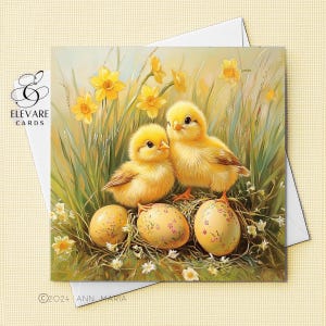 Biglietto di auguri pasquale con pulcini primaverili / Biglietto di auguri personalizzato con pulcini e uova di Pasqua / Poster / Carta di alta qualità deluxe con finitura lucida, 420 g/m²