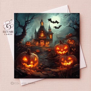 Carte de maison hantée citrouille heureuse d'Halloween |  Carte à encadrer de voeux lunatique d'automne | Affiche imprimée | 6 x 6 8 x 8 | Brillant de luxe de haute qualité