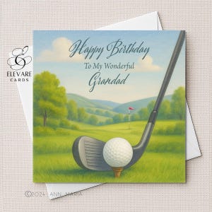 Golfers Geburtstagskarte - Geburtstag für alle. Opa, Vatertag, Papa, Papa, Sohn, Enkel, glänzende Oberfläche, quadratische Deluxe-Karte, personalisiert.