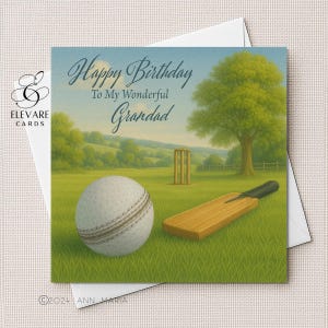 Englisches Dorf Cricket, Geburtstag für alle. Opa, Vatertag, Vater, Vater, Sohn, Enkel, glänzende Oberfläche, quadratische Deluxe-Karte, personalisiert