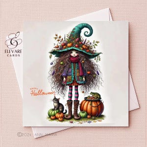 Halloween Flippige junge Hexe & Katze, schrullig, wunderliche Kunst | Rahmenbare Grußkarte | Posterdruck | 6x6 8x8 Zoll | Deluxe High Quality Gloss