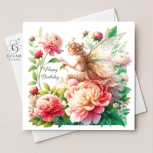 Biglietto/poster personalizzato con fata dei fiori per mamma, nonna, nonna, compleanno, festa della mamma. 15x15 cm, 20x20 cm/ Carta lucida di alta qualità, 420 g/m².