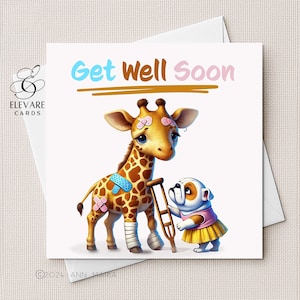 Get Well Soon. Cute Caring Bull Dog & Giraffe Cartoon. Single Square Card - High Quality Printed Deluxe 420gsm 6x6 8x8" or Bulk Set of 6