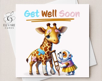 Get Well Soon. Cute Caring Bull Dog & Giraffe Cartoon. Single Square Card - High Quality Printed Deluxe 420gsm 6x6 8x8" or Bulk Set of 6