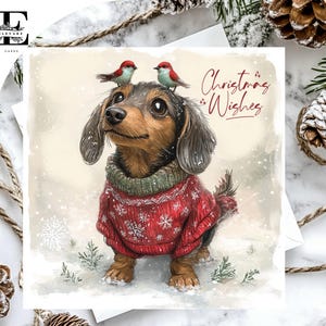 Perro salchicha con gorro navideño. Una divertida tarjeta navideña para todos los amantes de los perros. Para él o para ella. Elige personalizar. Compra al por mayor. 6x6, 8x8,6, 5x5.