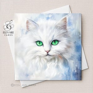 Gato blanco de ojos verdes / Retrato en acuarela / Tarjeta en blanco / Póster / Para todos los amantes de los gatos. Para ella, para él, opciones personalizadas / 15x15 cm, 20x20 cm, 29x29 cm, 30x30 cm.