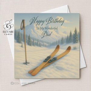 Vintage Ski fahren, Ski Geburtstag für alle. Opa, Vatertag, Vater, Vater, Sohn, Enkel, glänzende Oberfläche, quadratische Deluxe-Karte, personalisiert