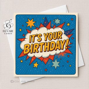 Es ist Ihr Geburtstag Comic Explosion Jungen Name Geburtstagskarte, Sohn, Enkel, Bruder, Neffe ein Kindergeburtstag quadratisch hochwertige 6x6 8x8 "
