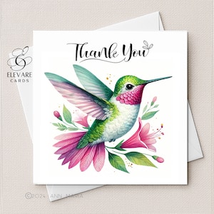 Tarjeta de agradecimiento - Acuarela de colibrí. Gracias. Lote de 6 o una tarjeta cuadrada de tamaño personalizable, Deluxe, 420 g/m² (5x5, 6x6, 8x8)