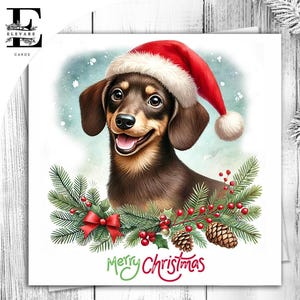 Dachshund Dog usando um chapéu de Natal. Um cartão de Natal divertido para todos os amantes de cães. Ela ou ele. Escolha personalizar 6x6 8x8,6 5x5 Compra em massa.
