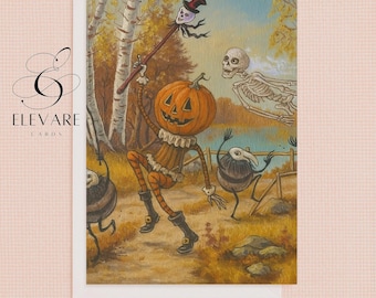 Pode incluir: Um cartão de felicitações com tema de Halloween com uma ilustração fantasiosa. Uma figura com cabeça de abóbora com um bastão lidera uma procissão de personagens assustadores. A obra de arte é ambientada em um cenário de outono com árvores e um lago. O cartão é emoldurado em branco.