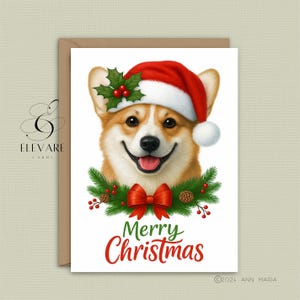 Tarjeta navideña de perro Corgi con gorro de Papá Noel, regalo enmarcable para amantes de los perros, alta calidad, brillo de lujo, tamaño A5, A4, A3 + paquete de 6 A6