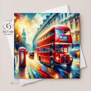 Uma Cena de Londres, Ônibus Vermelho de Londres. Aquarela da Cidade de Londres. Cartão de Saudações | Impressão de Pôster | Opções Personalizadas de Luxo + Volume 13x14x15x20 cm